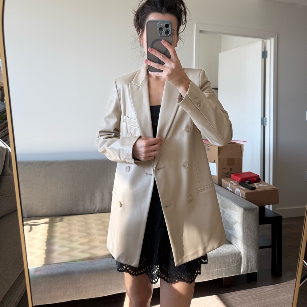 Mango Women's Faux Leather Beige Double-Breasted Blazer XS